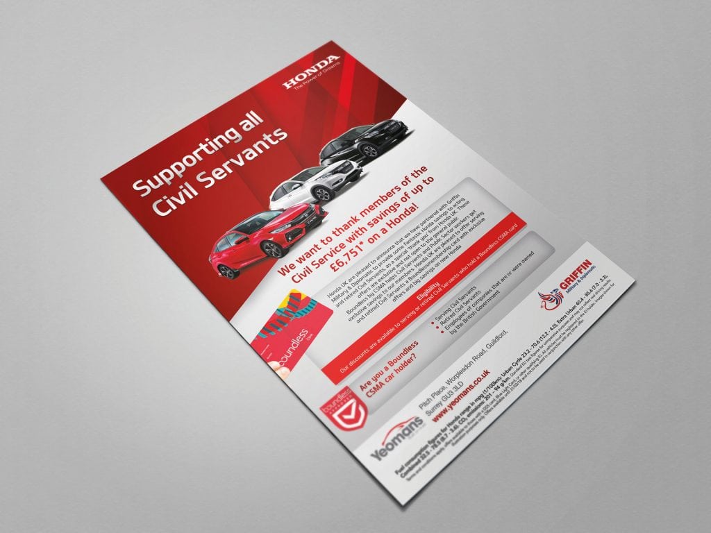 Red and white promotional leaflet design for Honda with car offers and bold text layout