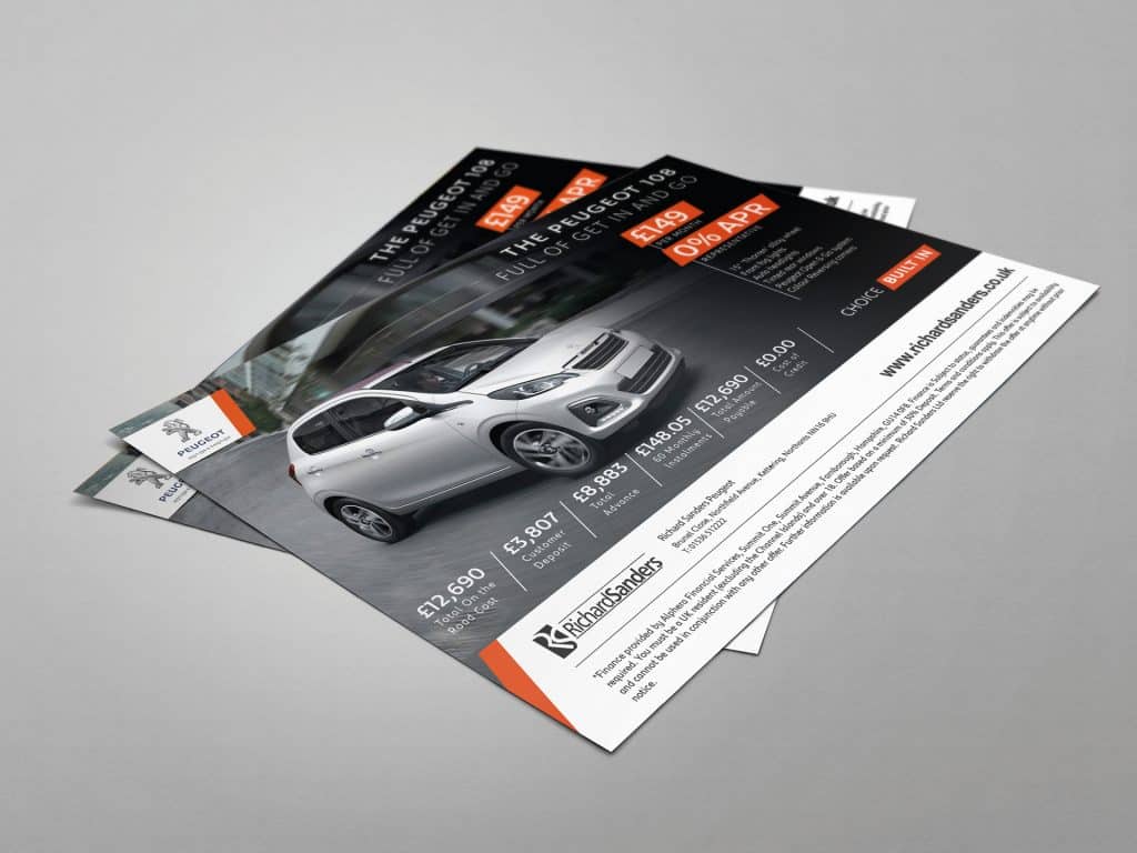 Sleek Peugeot car promotional leaflet featuring a dark, modern design with dynamic angles and professional layout for automotive marketing.