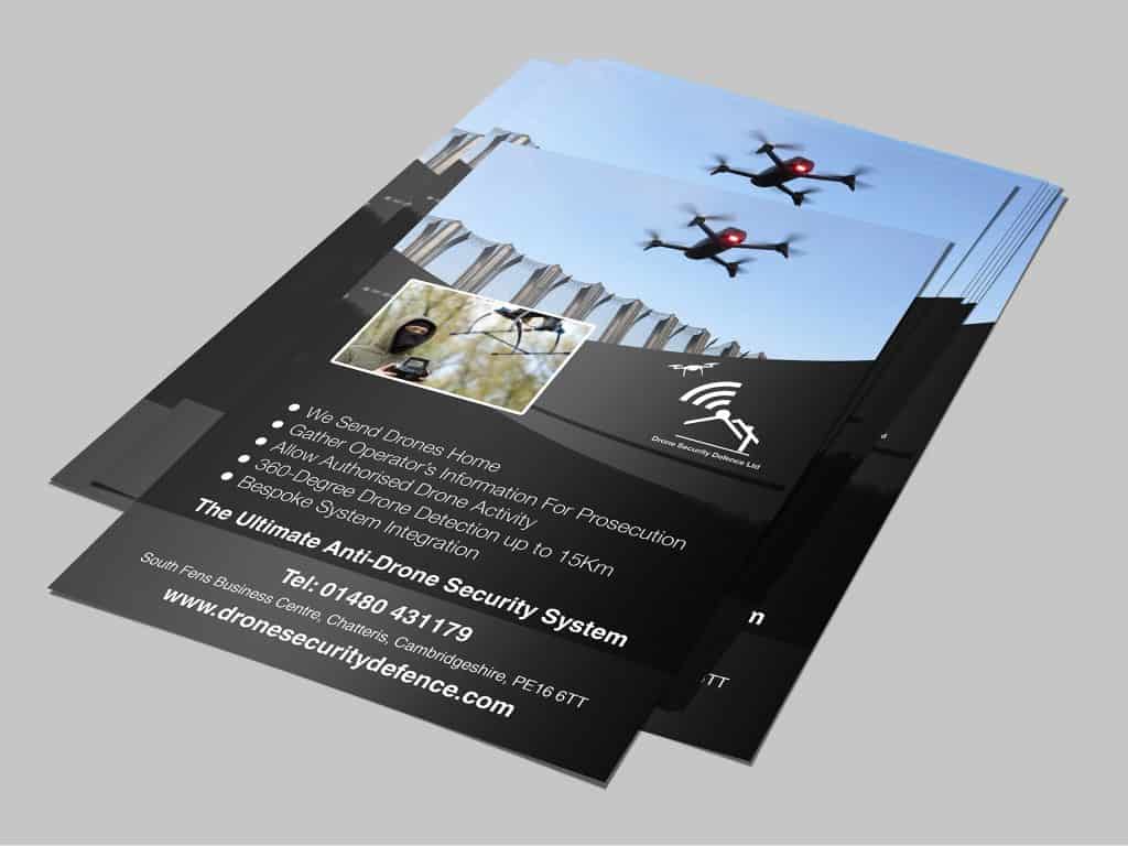 Black and blue drone security leaflet mockup featuring defence system graphics