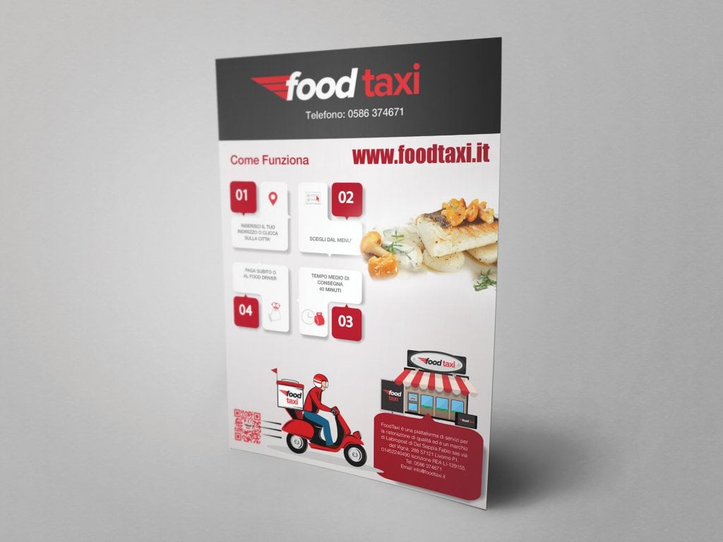Food Taxi leaflet showing menu layout, delivery icon, and app promotion