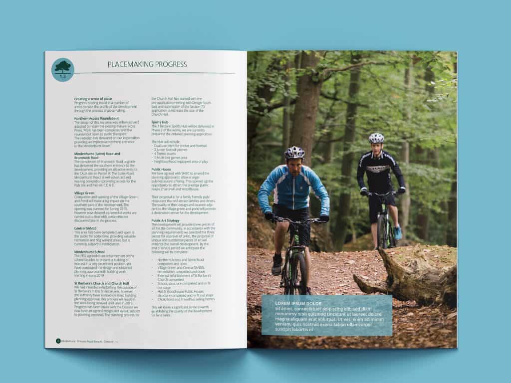 Inside spread of Mindenhurst brochure showing editorial layout with text and large imagery