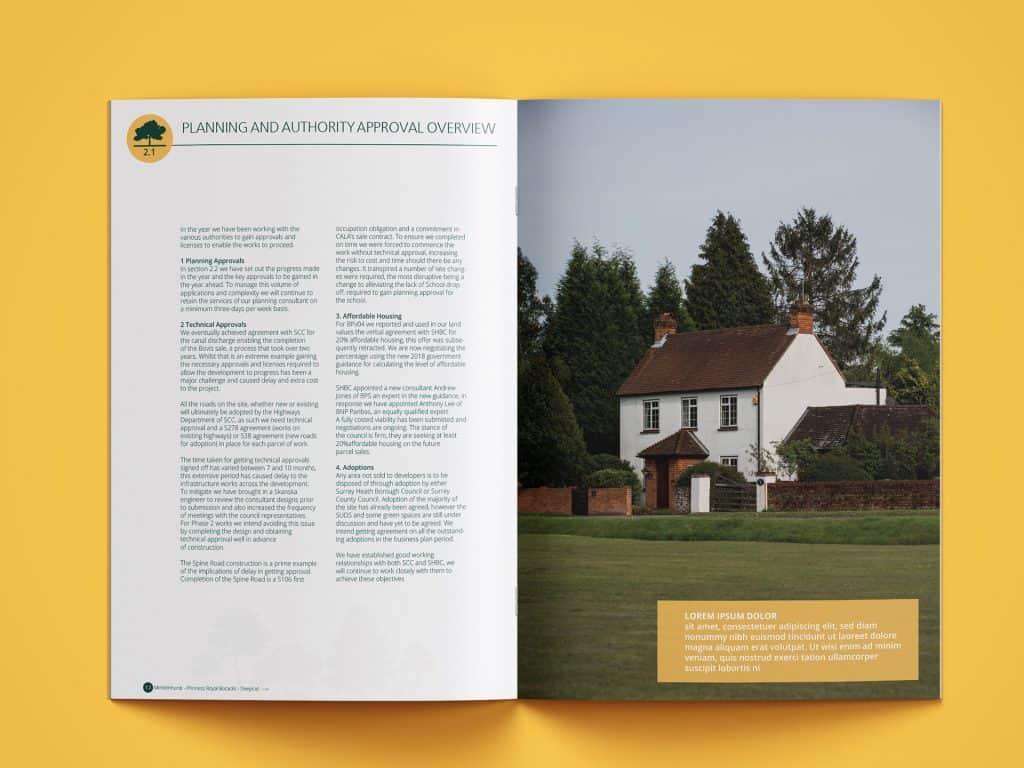 Mindenhurst brochure inside spread with yellow border and house image beside text layout