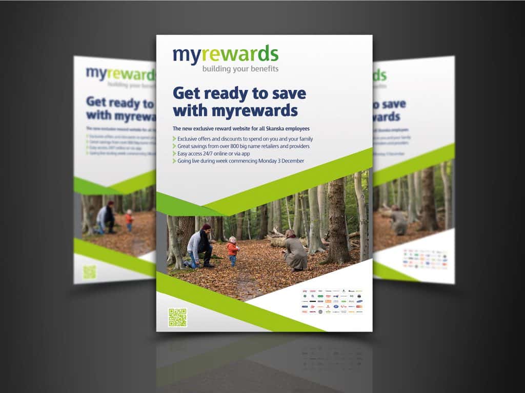 Mockup of colourful Myrewards promotional leaflet with trees and people imagery