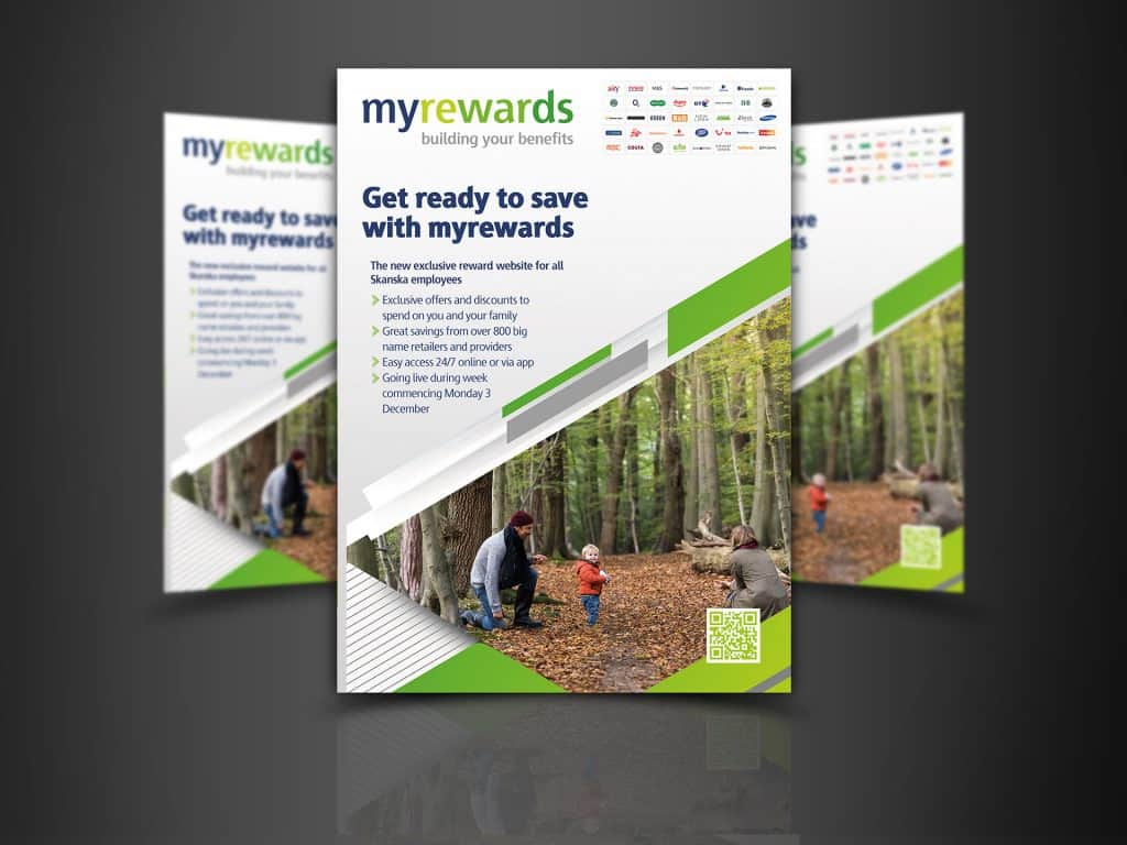 Myrewards promotional leaflet design with green accents, loyalty program messaging, and lifestyle imagery