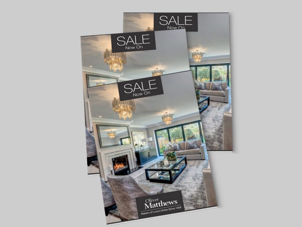 Oliver Matthews brochure design showing styled interior rooms and furniture display