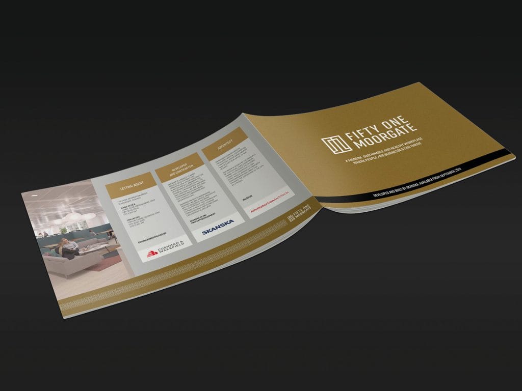 Interior spread of the 51 Moorgate brochure showing page layout and design mockup for London office branding.