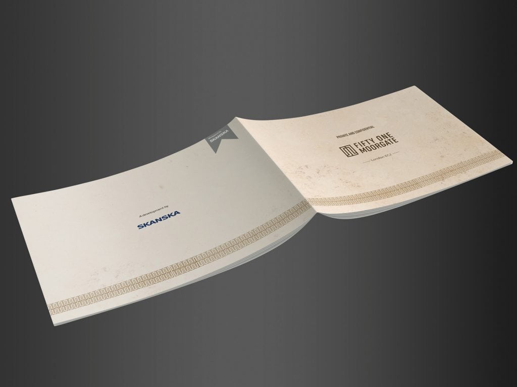 Angled inside spread of the 51 Moorgate brochure showing layout design and typography for a London office development.