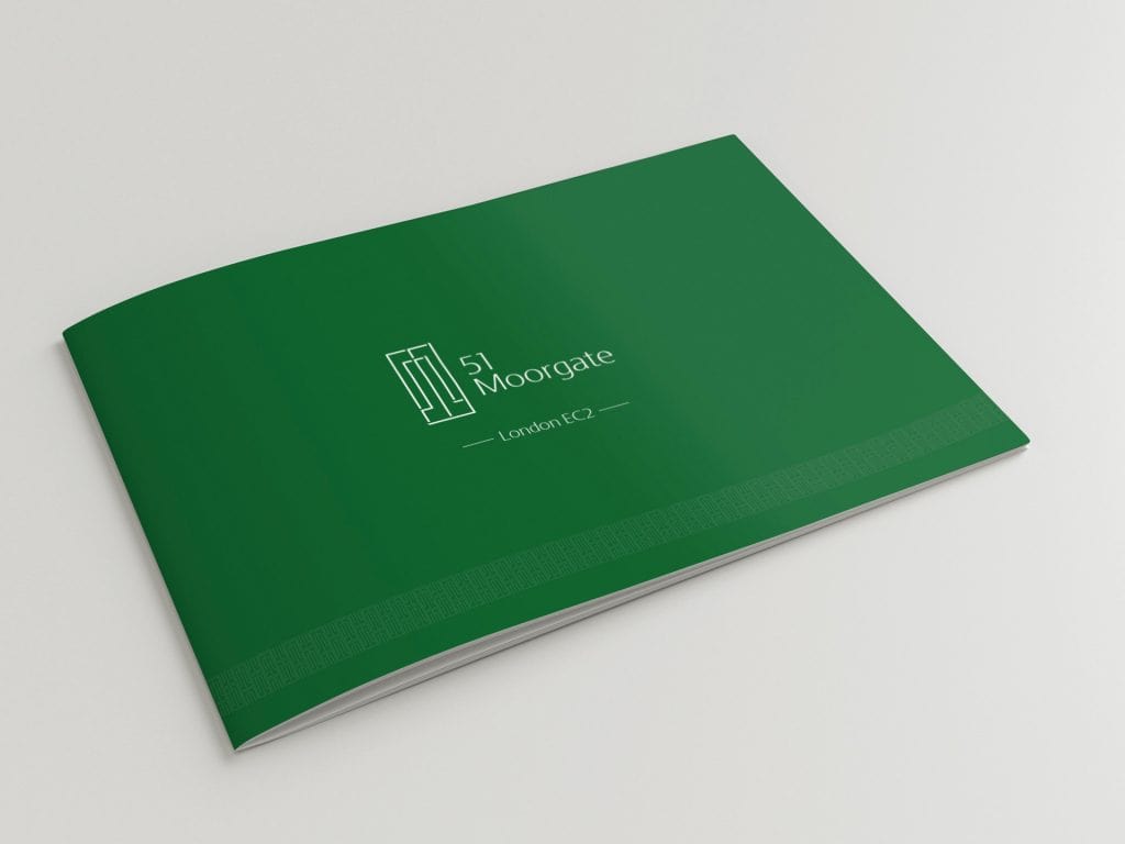 Green brochure cover design for 51 Moorgate, London — modern corporate branding by Loucreativa.