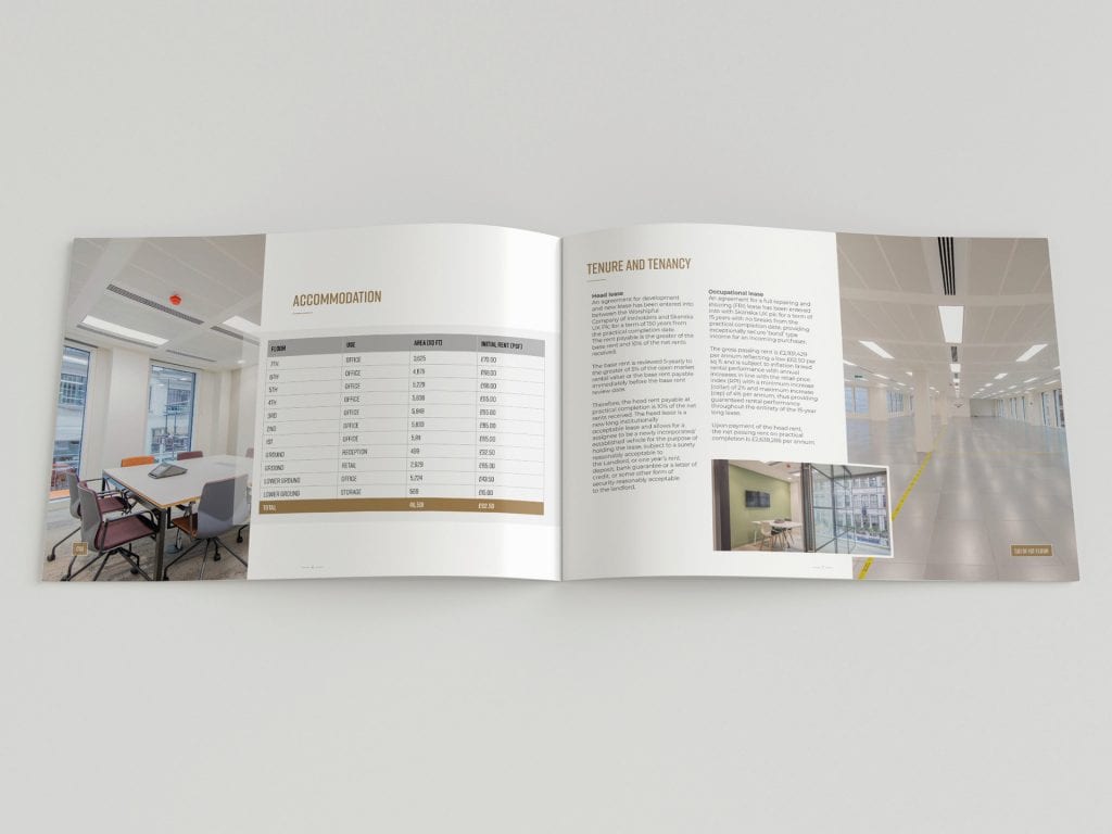 Interior brochure spread for 51 Moorgate, London, showcasing editorial layout and architectural content.