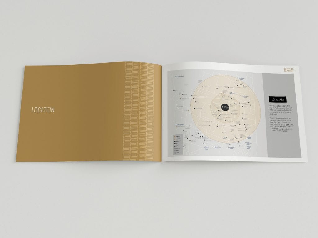 Interior brochure mockup for 51 Moorgate London office featuring an elegant gold cover and detailed floor plan design.