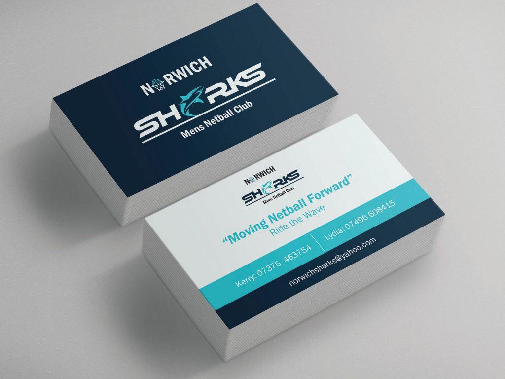 Dark blue and turquoise business card design for Sharks with bold layout and clear typograph
