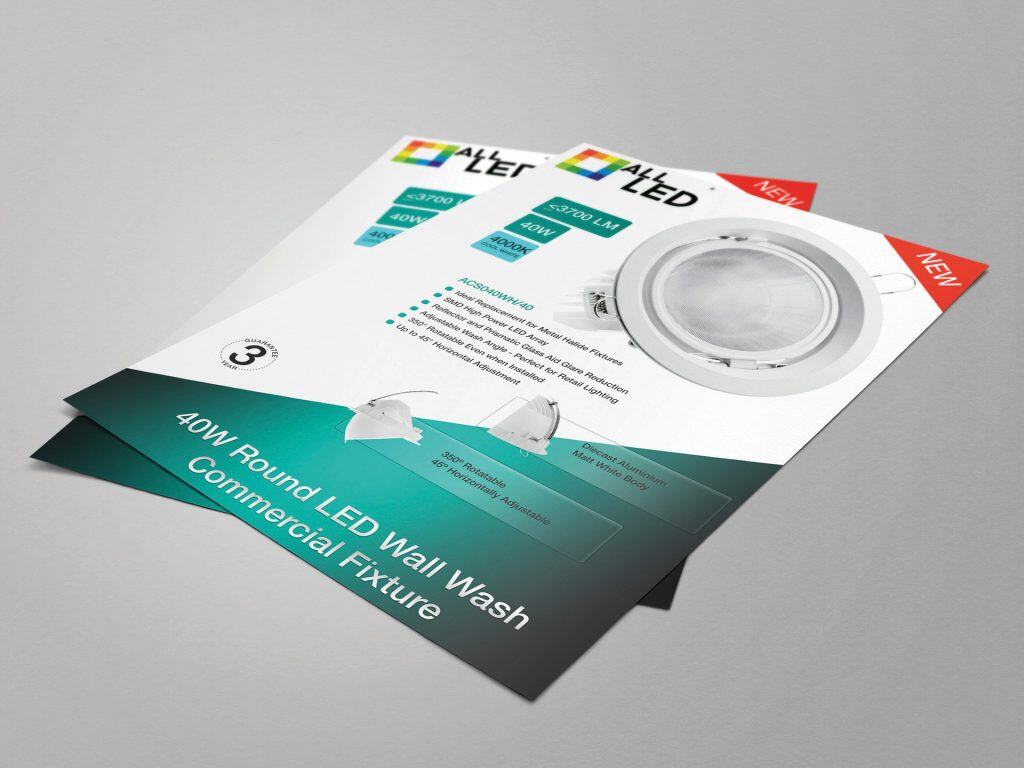 Mockup of a printed All LED product advert featuring LED lighting specifications and clean brand layout.