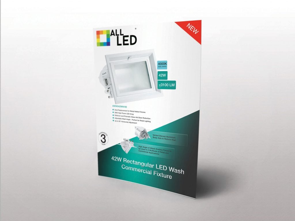 Printed mockup of All LED lighting advert with a clean and structured layout for lighting product promotion.
