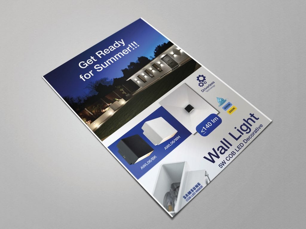 Printed mockup of All LED outdoor lighting advert featuring wall light product visuals and lifestyle photography.