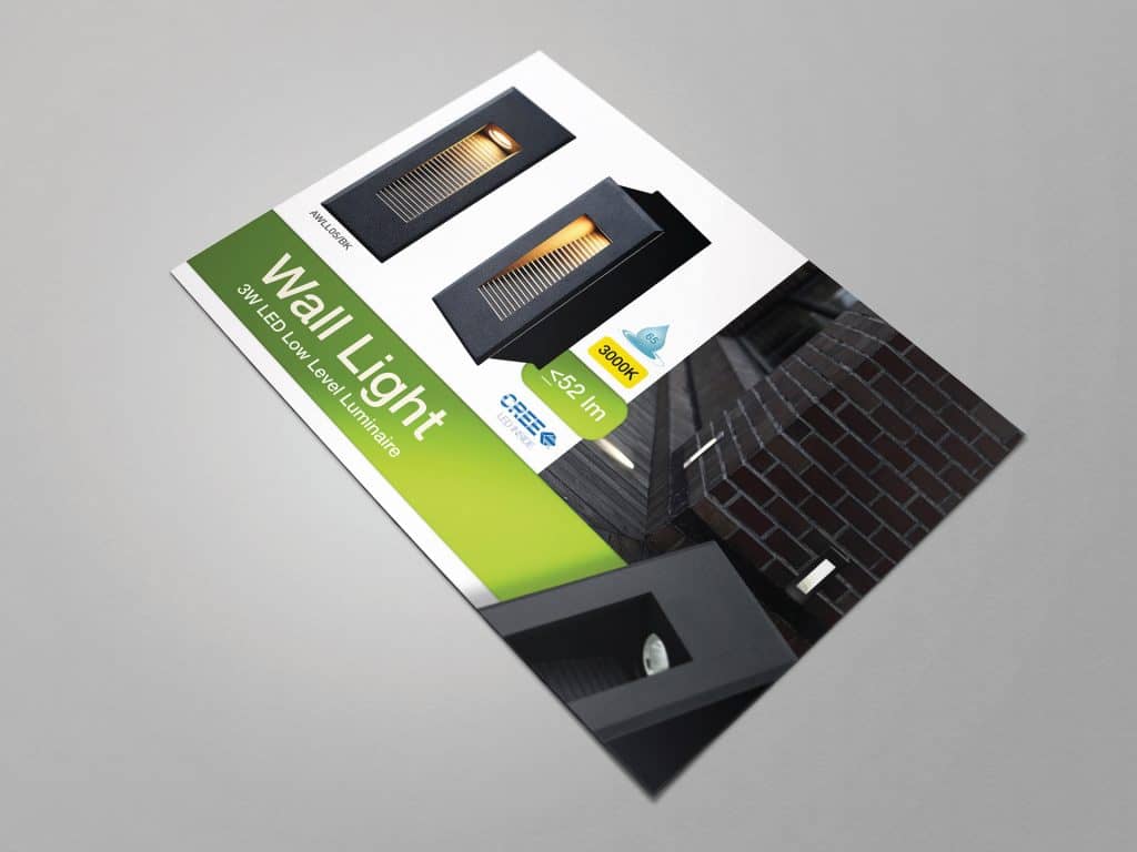 Mockup of printed All LED advert promoting wall light products with a green and black layout.