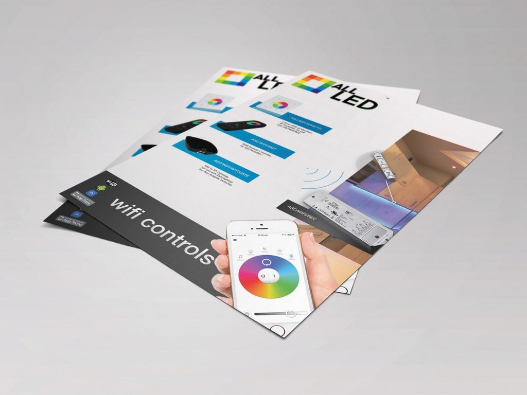 Mockup of a printed All LED advert brochure with lighting products and color wheel design.
