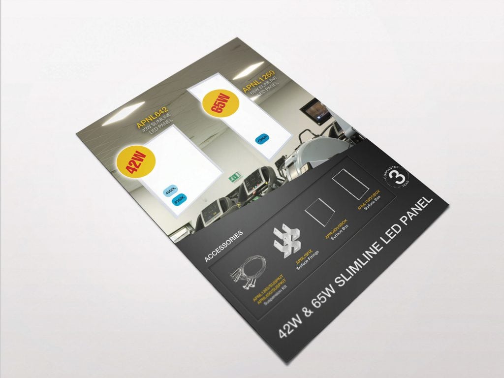 All LED lighting advert with bold black and gold theme showcasing product icons and technical specs.