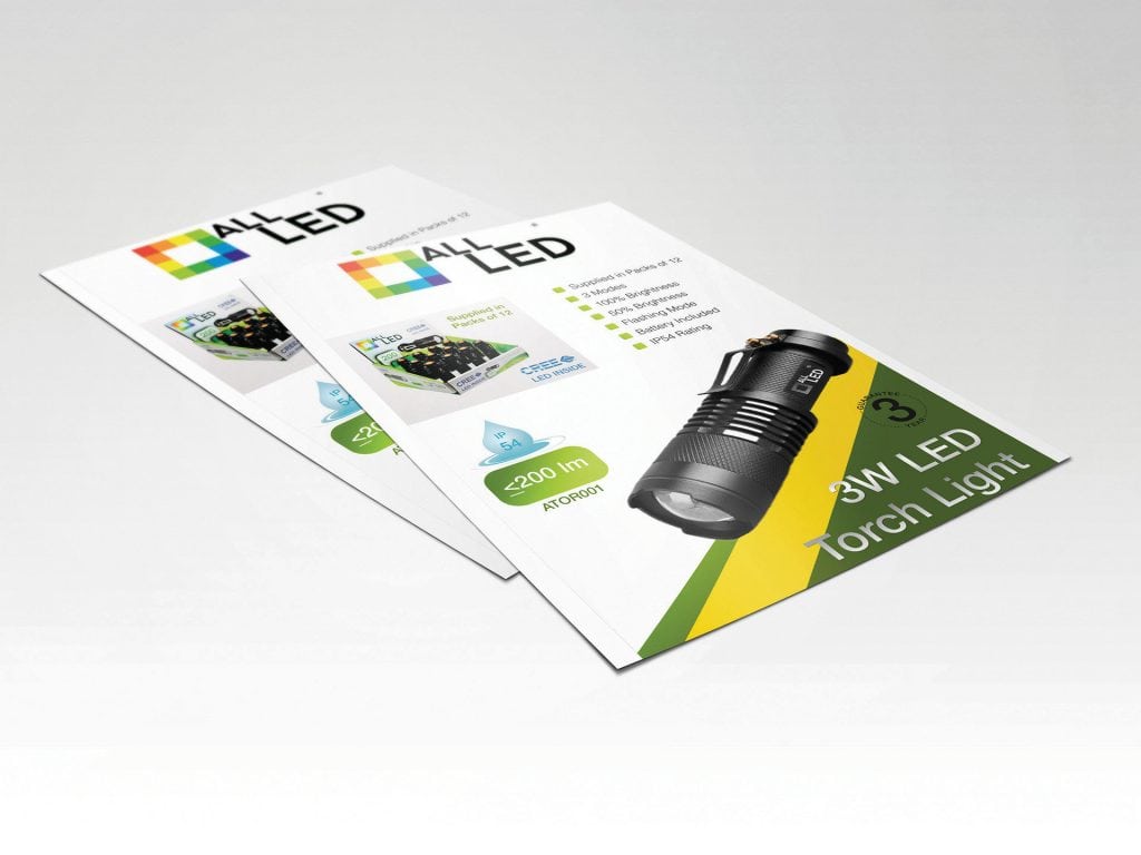 Mockup of All LED brochure advert with spotlighted product design in a clean green and yellow layout.