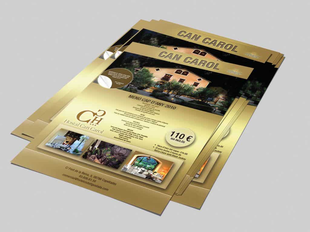 Elegant restaurant advert for Can Carol with warm gold design, Catalan theme, and traditional Spanish visual elements.