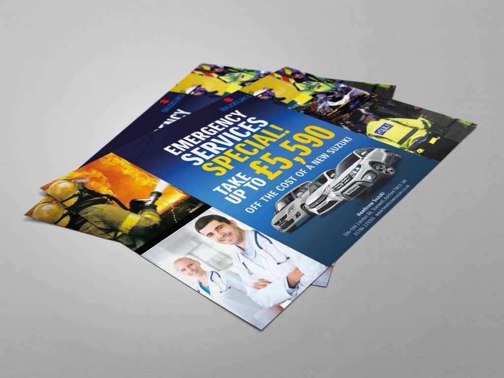 Suzuki advert design with bold text and colourful car imagery