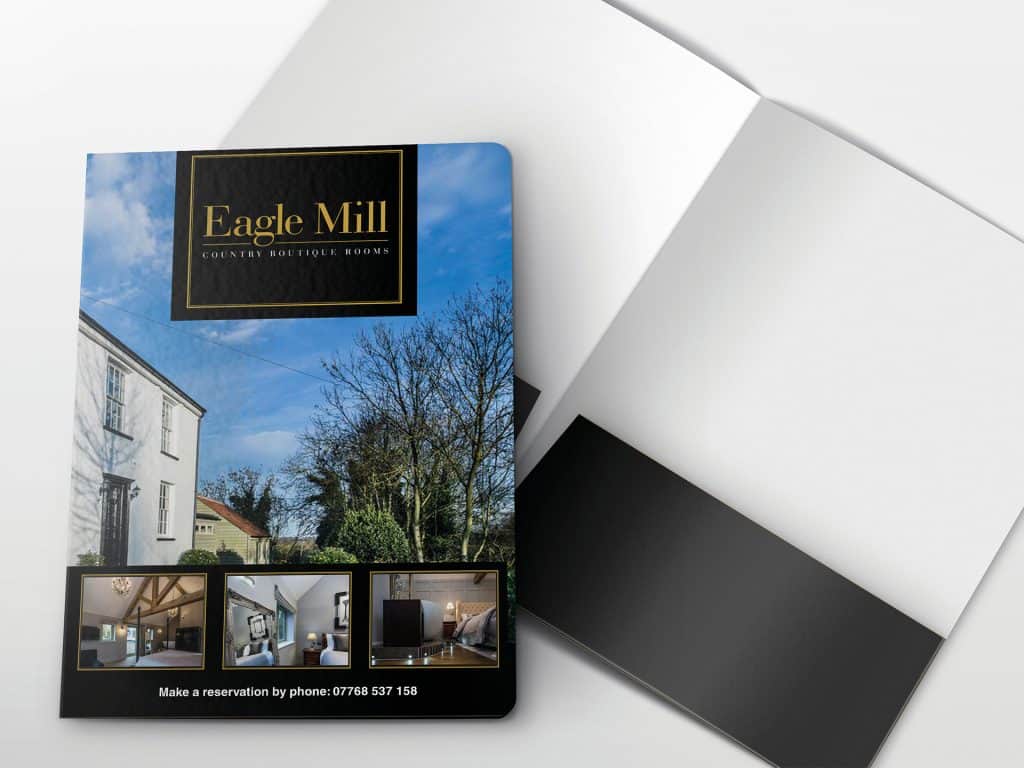Eagle Mill black and gold branded presentation folder design