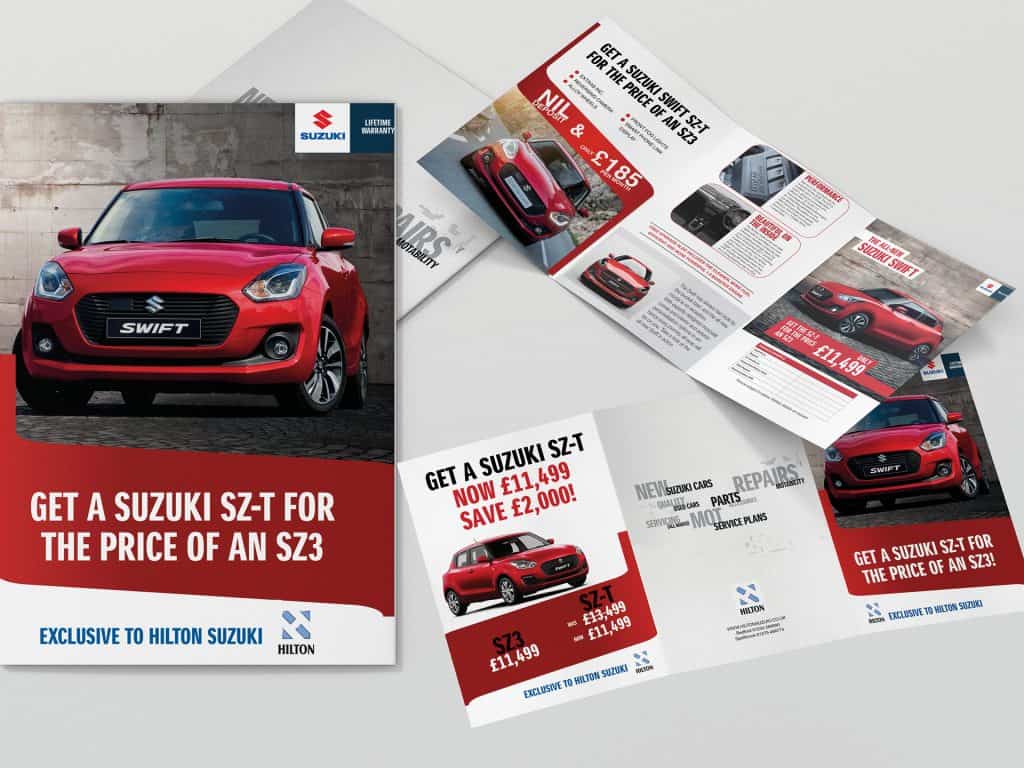 Suzuki promotional tri-fold brochure with red car visuals and discount messaging