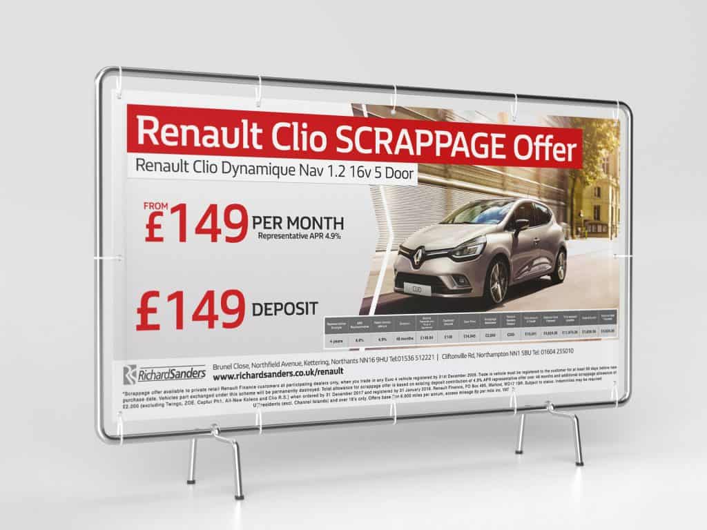 Renault outdoor banner showcasing scrappage deal with bold pricing and vehicle image on a roadside-friendly layout.