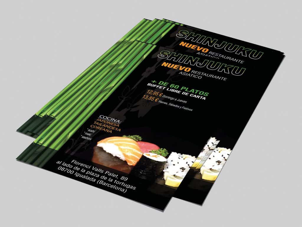Shinjuku restaurant advert design with sushi, Japanese text, and black background