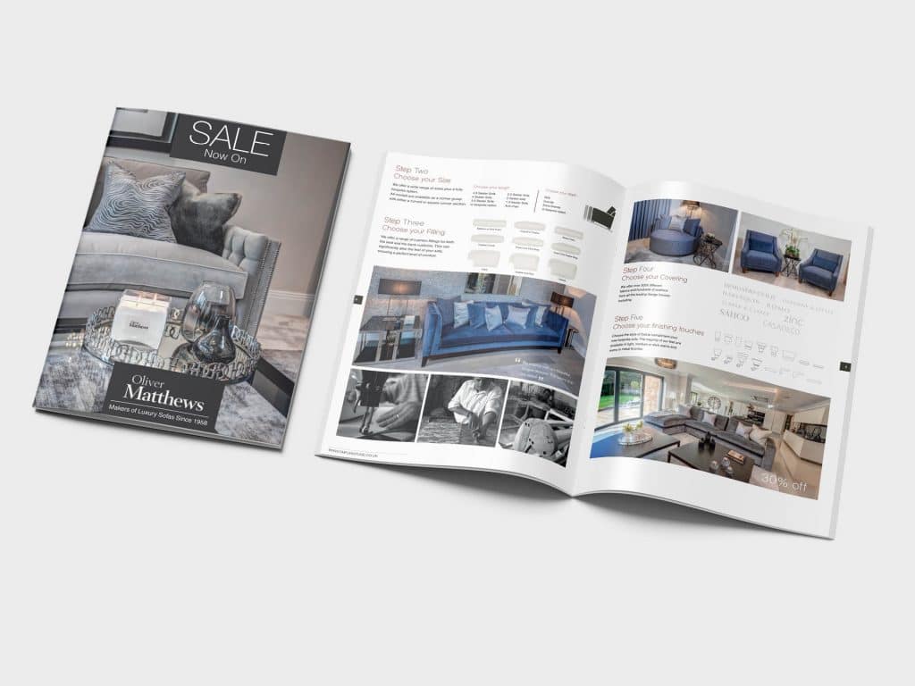 Luxury furniture brochure design featuring sofas and tables – created by Loucreativa