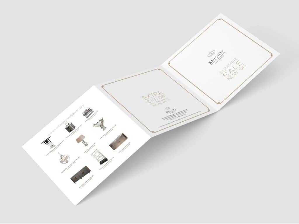 Folded triptic brochure design mockup for Knights, showing custom icons and clean layout.