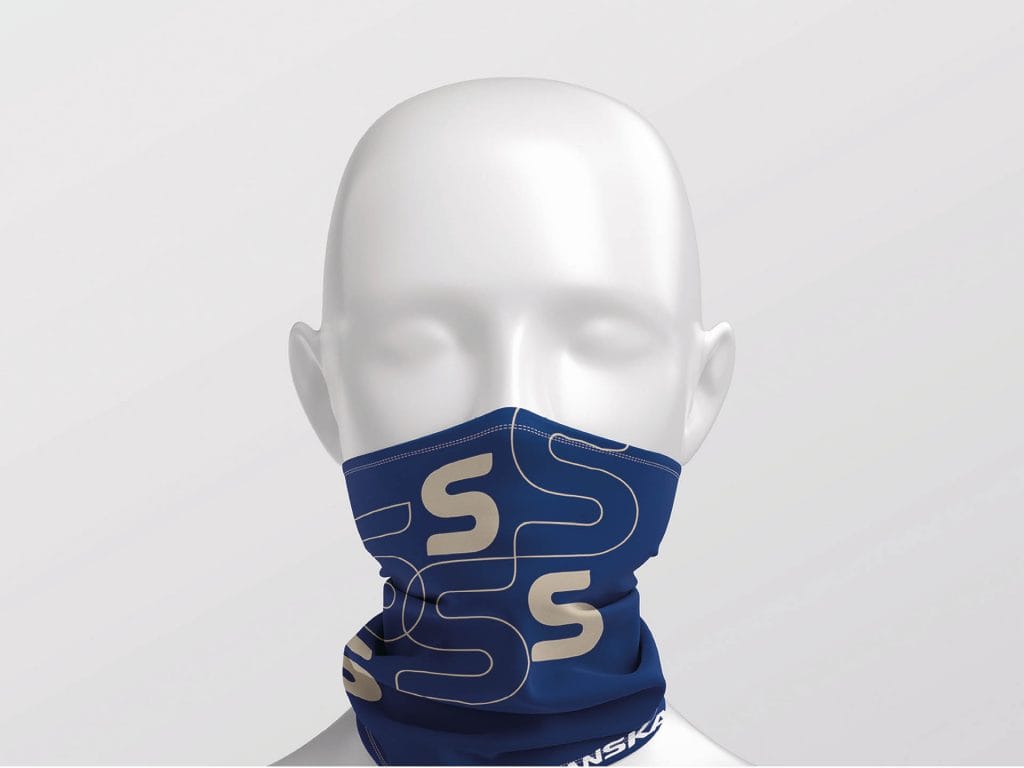 Alternate design of Skanska buff scarf in dark blue with white “S” branding, worn on mannequin.