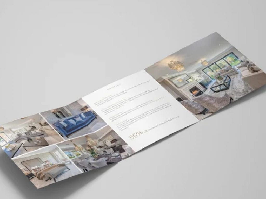 Fold-out interior brochure design created by Loucreativa for Oliver Matthews, showing elegant lifestyle imagery and furniture details