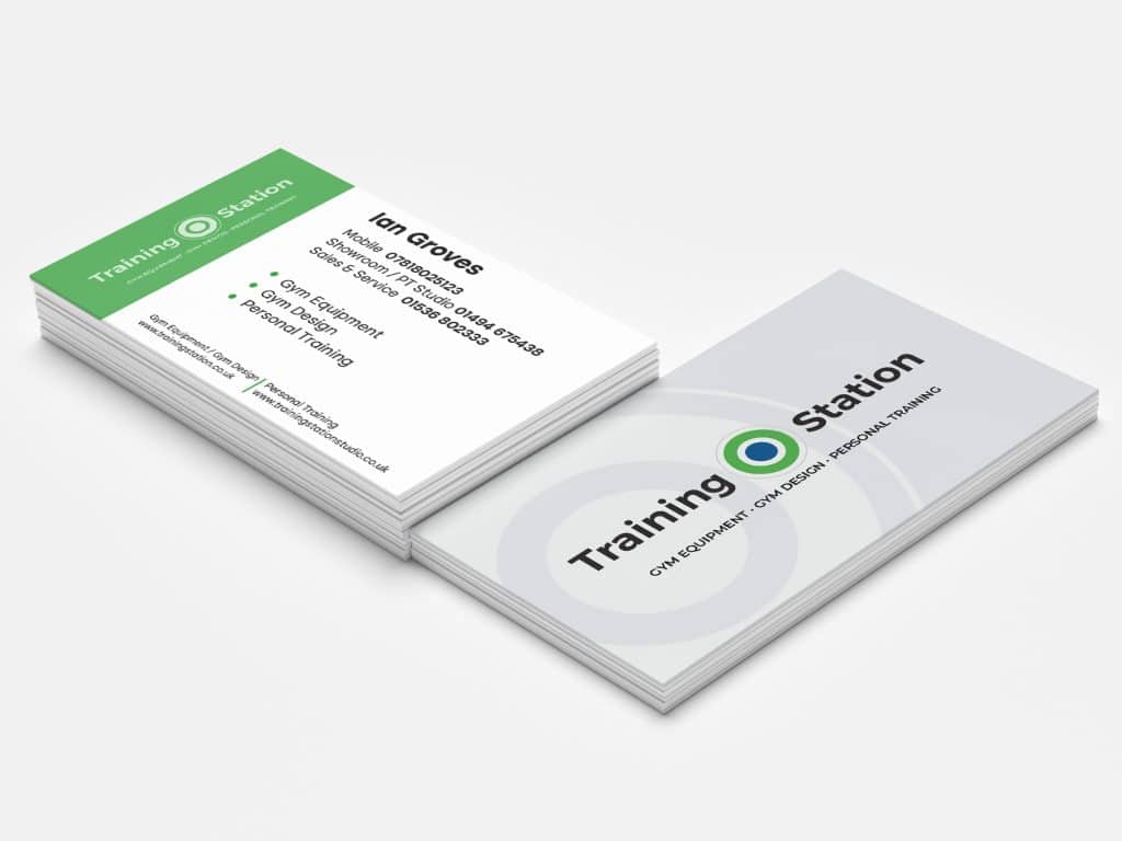 Business card mockup for Training Station designed by Loucreativa – front and back view