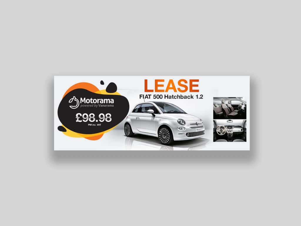 White Fiat 500 lease banner for Motorama, designed by Loucreativa for social media promotion