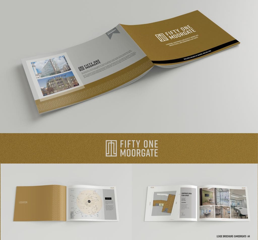 Lease brochure design for Fifty One Moorgate, featuring interior layouts, location map and modern property branding.