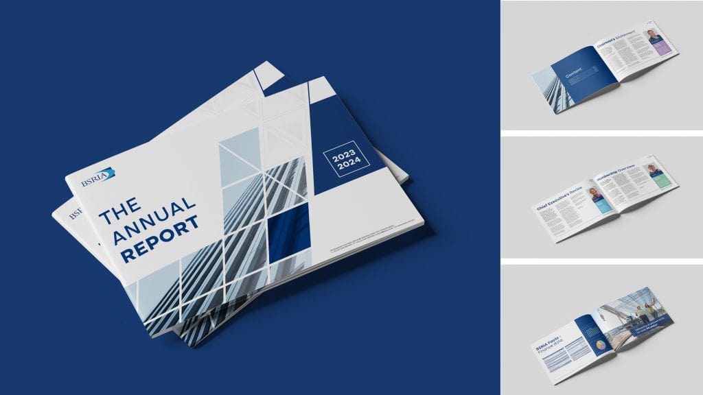 BSRIA Annual Report 2023–2024 featuring a clean corporate cover with geometric blue graphics and interior page layouts.
