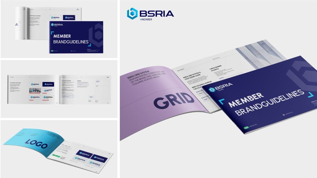 BSRIA Member brand guidelines showing logo usage, grid system and layout design.