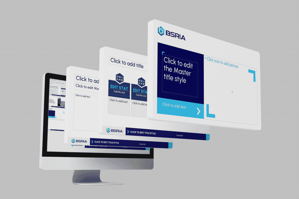 BSRIA PowerPoint template design showing modern slides, layouts and corporate branding.