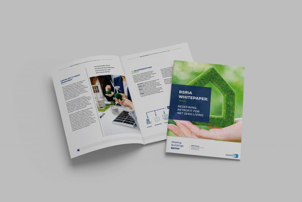 BSRIA whitepaper brochure featuring sustainability graphics and net zero living content.