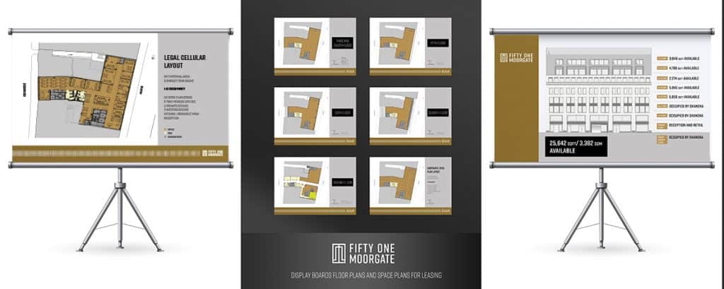 Display boards designed by Loucreativa for the Fifty One Moorgate commercial leasing project, featuring floor plans and building elevations.
