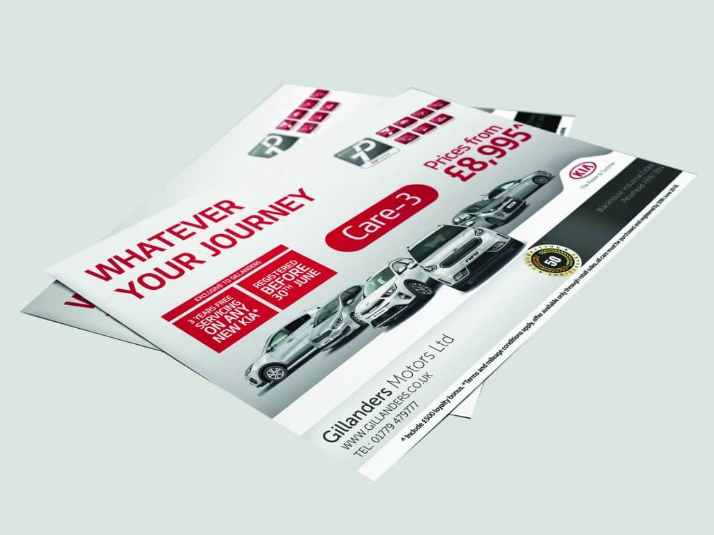 Promotional sales flyer design for Kia Gillanders Motors, created by Loucreativa. Features vehicle images, pricing details and dealership branding.