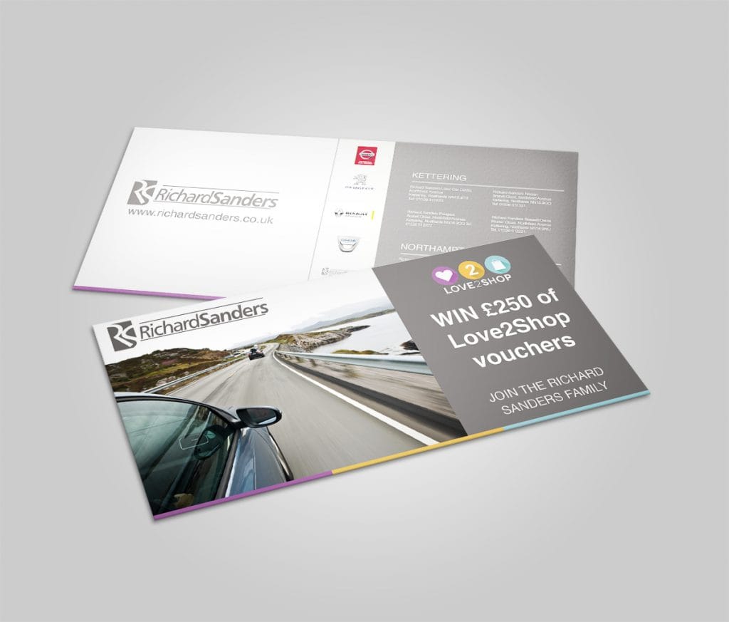 Richard Sanders automotive voucher mailer promoting a £250 Love2Shop giveaway.