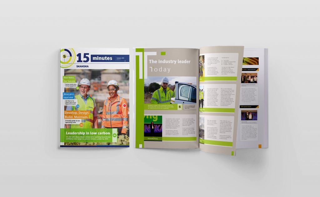 Skanska 15 Minutes magazine layout with cover and internal editorial pages.