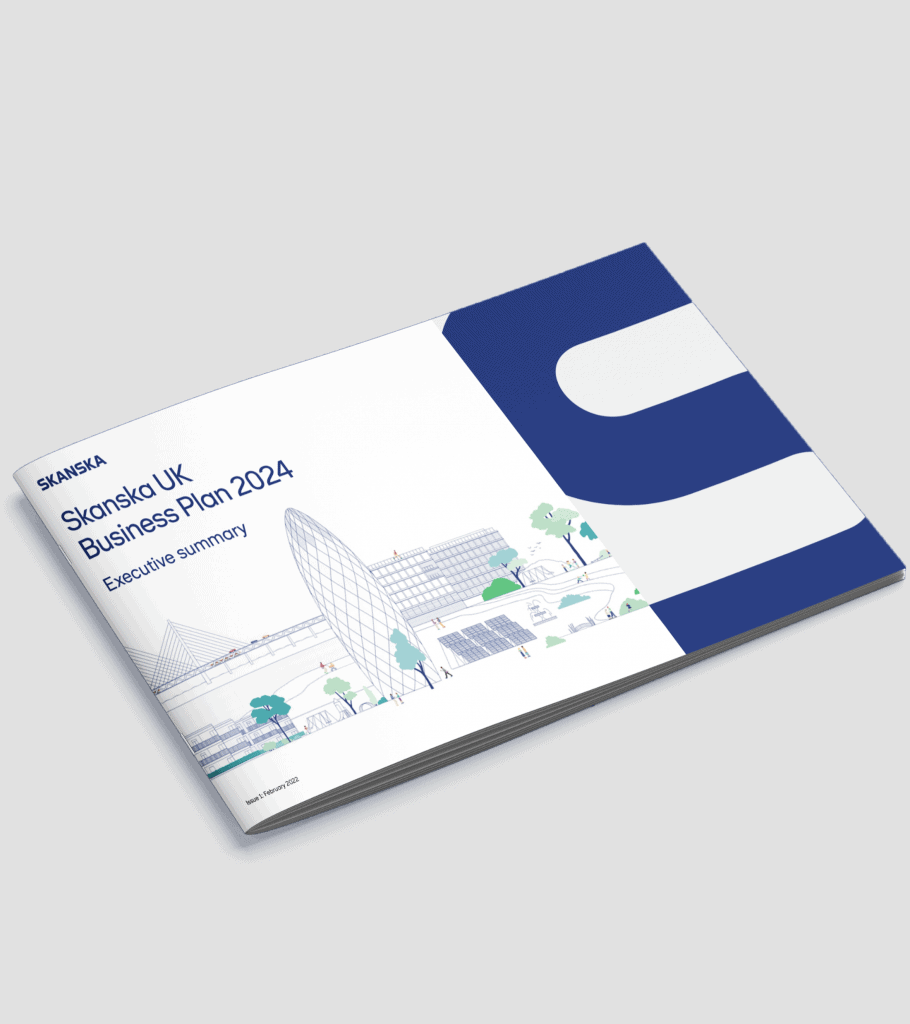 Business plan brochure cover for Skanska UK featuring modern illustrated cityscape and bold blue branding.