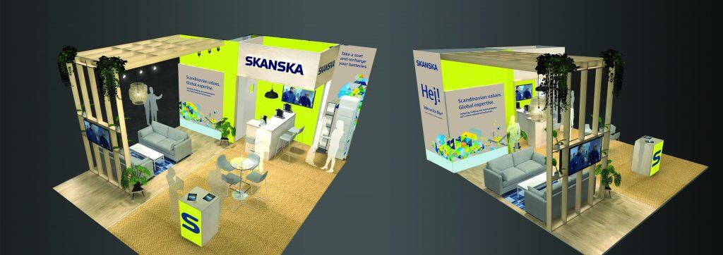 Mockup showing exhibition stand graphics designed for Skanska's Digital Week event, featuring branded panels and visual layouts.