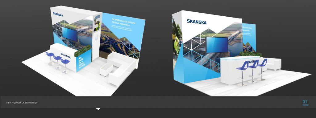 Mockup showing exhibition stand graphics designed for Skanska, including branded panels and visual layouts.