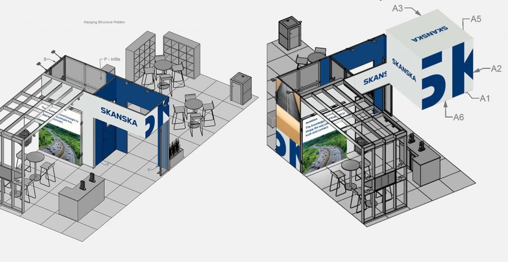 Skanska exhibition stand graphics for a trade show, presented on a 3D layou