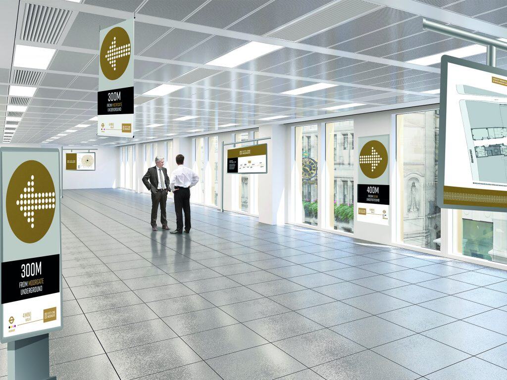 Wayfinding and directional banners designed for Skanska at Fifty One Moorgate, featuring branded signage and floorplans for visitor navigation.