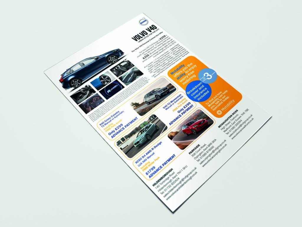 Volvo V40 Motability advertisement featuring vehicle images, pricing and offers.